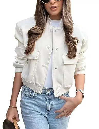Megfie Womens Cropped Bomber Jacket Button Down Varsity Jackets Shackets With Pockets(Beige M)