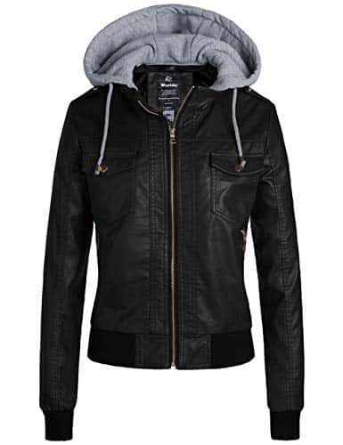 Wantdo Women's Quilted Classic Faux Leather Short Jackets with Hood Black M