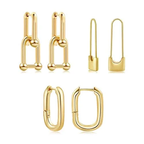 SLOONG Pairs k Gold Plated U Shape YK Style Chunky Earring Link Chain Circle Hoop Earrings Jewelry Drop Dangle Earrings Set for Women Teen Girls